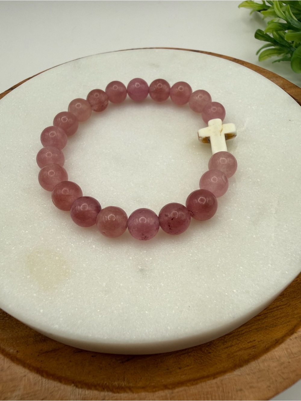 Strawberry Quartz Gemstone Bracelet – with Howlite Cross - 7"
